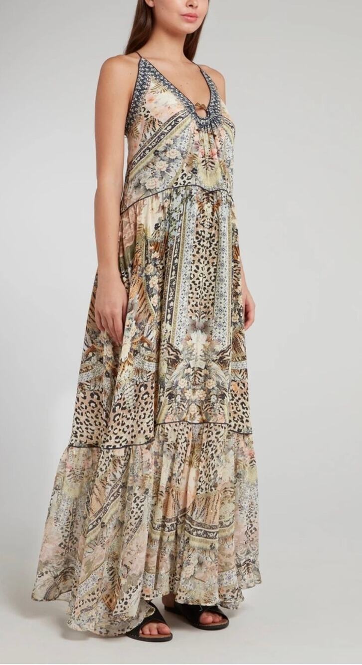 Camilla Moto Maiko U-Ring Floral Silk Maxi Dress XS Animal Metallic Australia